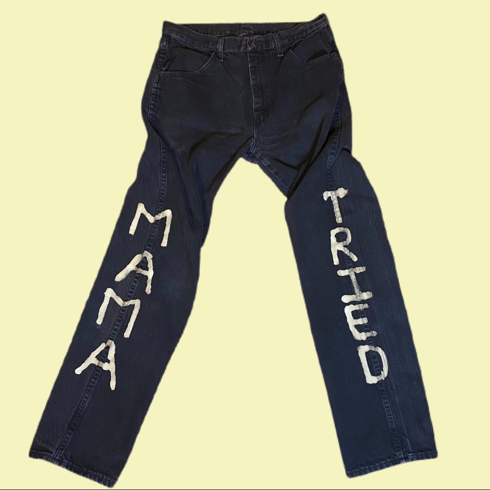 “MAMA TRIED” bleach dyed vintage rustler jeans